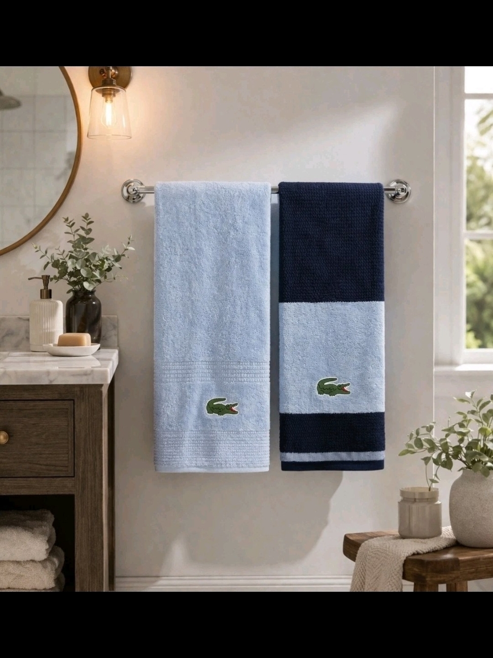 Lacoste Light Blue & Navy Cotton Bath Towels - Set of 2